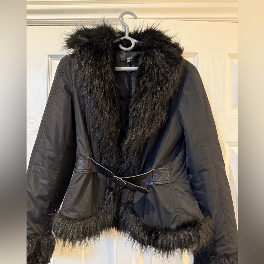 Zara Black Teddy Jacket with Faux Fur Trim